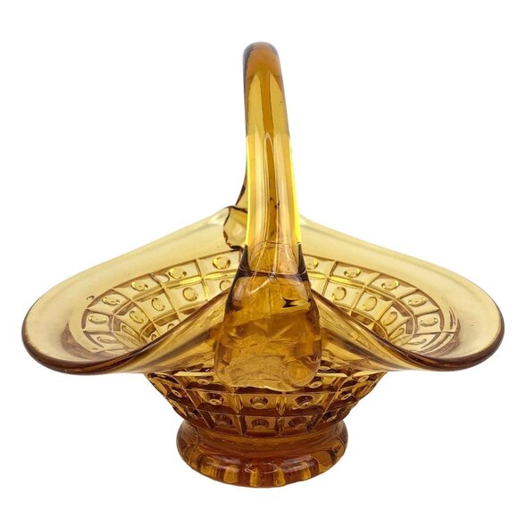 Vintage Amber Yellow Art Glass Basket Handled Candy Trinket Dish 5.5" - Picture 1 of 10